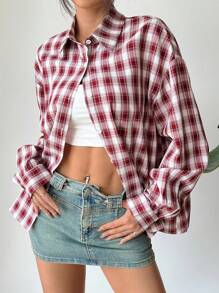 Flirla Camisa de manga larga a cuadros de estilo urbano casual para mujer