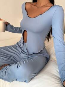 Conjunto de pijama informal de pantalón y blusa de manga larga con ribete de color contrastante para mujer