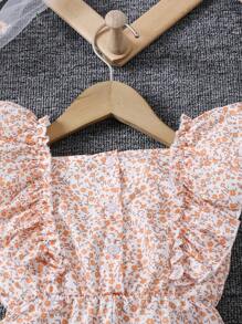 SHEIN Young Girl Elegant Ditsy Floral Ruffle Trim Square Collar Romper - Orange - View 5