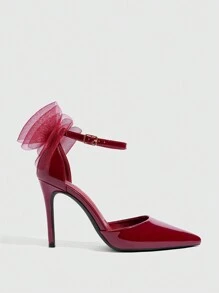 CUCCOO SZL Burgundy Patent Leather Point Toe Bowknot Ankle Strap High Heel Pumps, Fashion Office Lady, Date, Party, Festival, Holiday, Wedding Spring Shoes Spring Break Easter Prom Heels - Burgundy - View 9