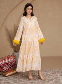 SHEIN Teen Girl's Casual Modest V-Neck Woven Feathered Trim Printed Dress, Suitable For Spring/Autumn - Yellow - View 6