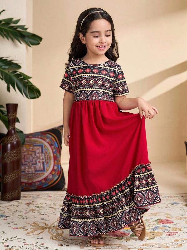 SHEIN Túnica de Abaya estilo Kaftan de color burdeos para niñas, ropa modesta tradicional para Ramadán con estampado de tótem lujoso en patchwork, vestido largo fluido, elegante moda