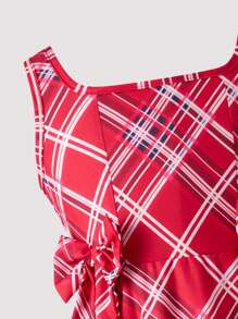 SHEIN 女童时尚格子印花方领无袖 A 字裙，休闲母女装（2 件单独出售）适合情人节