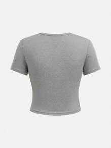 SHEIN 2 Pieces Teen Girl Set, Grey Basic Short Sleeve Cropped Knit Top And Flare Long Pants, Elegant Casual Vacation - Grey - View 7