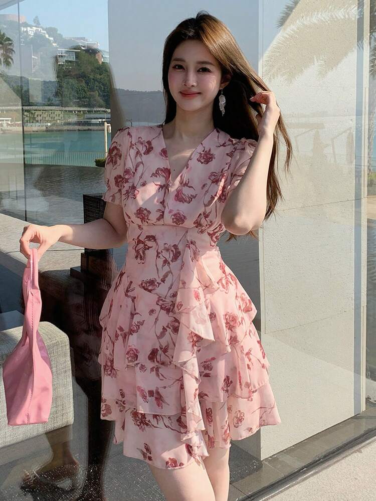 Women's Floral Print Short Sleeve Dress, Summer,Ruffle Vacation Outfits Women Easter