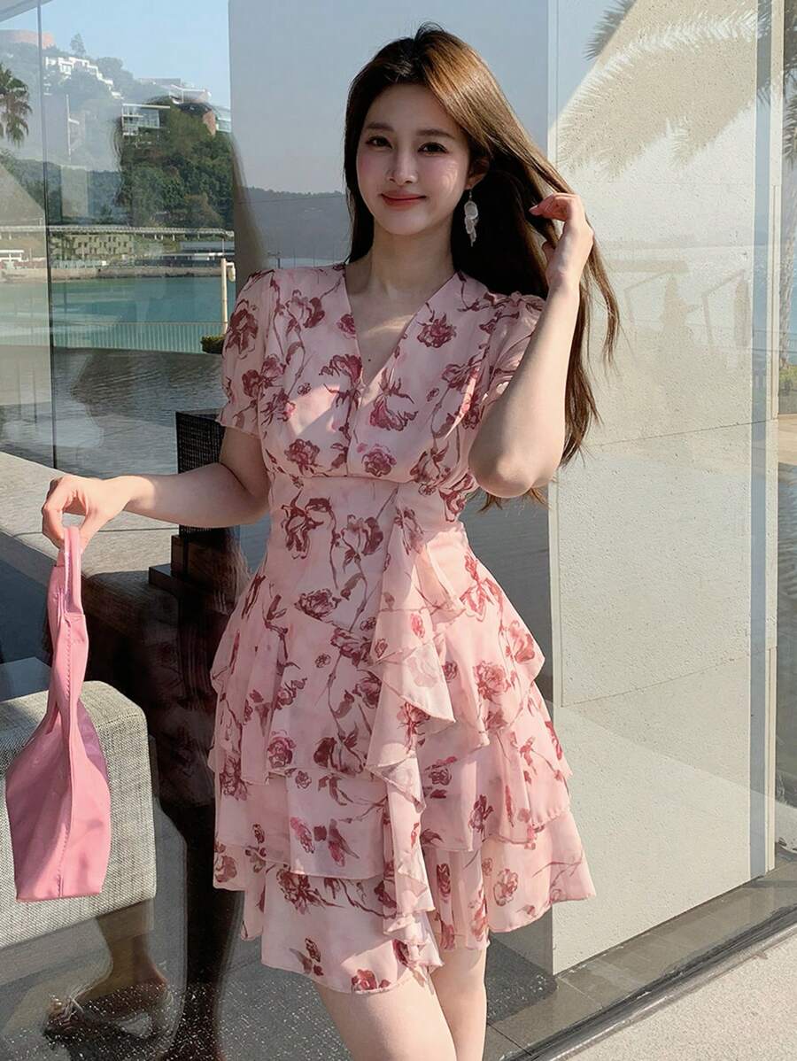 DAZY 女式花卉印花短袖连衣裙，夏季，荷叶边 - 粉色 - 查看 1