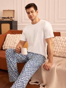 Solid White Short Sleeve Top And Striped Print Sleep Pants Men's Pajama Set - Multicolor - View 1