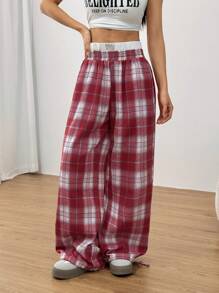 SHEIN EZwear Women's Elastic Waist Plaid Patchwork Casual Pants, Autumn/Winter - Multicolor - View 5