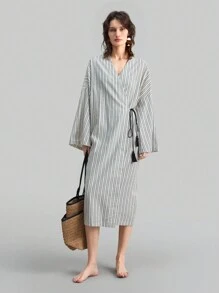 Ontre 女士灰色和白色波西米亚风格长袖裹身罩衫，条纹简约长滩罩衫，休闲假日 - 黑與白 - 查看 5