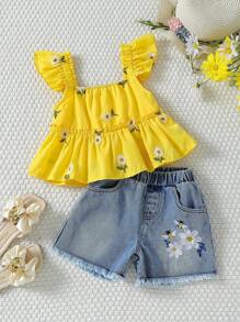 Ramadã 2 peças/Conjunto Top com Mangas Curtas e Shorts com Bordado de Flor Fofa para Meninas, Conjunto de Verão Doce