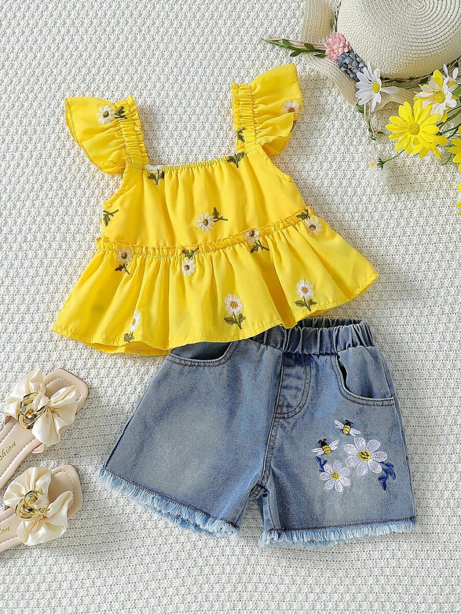 Ramadã 2 peças/Conjunto Top com Mangas Curtas e Shorts com Bordado de Flor Fofa para Meninas, Conjunto de Verão Doce