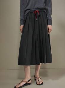 Muvela 女式中长款褶皱裙，海军蓝纯色，前系带蝴蝶结撞色腰带，极简主义 A 字裙，适合春季服装