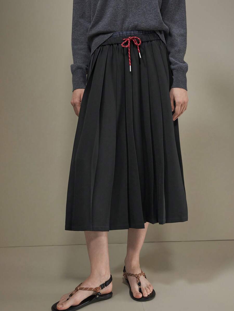 Muvela 女式中长款褶皱裙，海军蓝纯色，前系带蝴蝶结撞色腰带，极简主义 A 字裙，适合春季服装