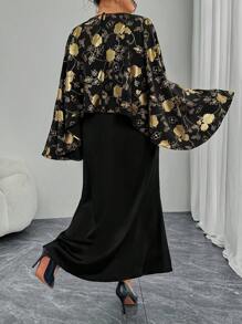 Modelyn Plus Size Foil Print Scarf & Solid Color Midi Skirt 2 Pieces Set Fall Cloth For Women