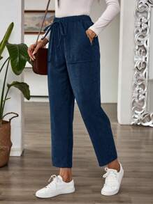 EMERY ROSE Quần ống đứng rộng rãi, cạp chun, vải nhung kẻ sọc màu nâu, size lớn cho nữ, có túi bên hông, quần áo mùa đông cho nữ - Màu xanh hải quân - Xem 3