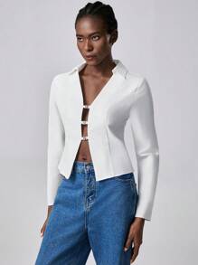 Chiquease Blusa de mujer de moda y versátil con escote en V profundo - Blanco - Ver 1