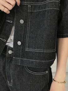 FRIFUL 女士两件套灰色牛仔套装：牛仔夹克 + 牛仔裤 - 黑色 - 查看 7