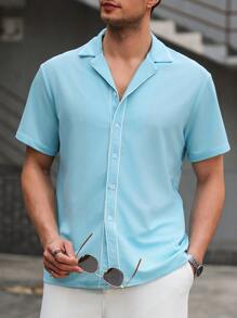 Manfinity Homme Men's Contrasting Trim Front Button Casual Short Sleeve Shirt