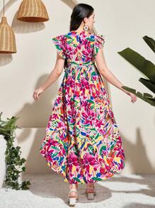 SHEIN Leap Crew 少女休闲雪纺热带碎花荷叶边圆领不对称下摆连衣裙，适合节日、庆典、午餐、音乐活动、户外 - 彩色 - 查看 2