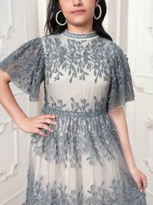 Teen Girls Floral Print Round Neck Ruffle Sleeve Elegant Vintage Dress