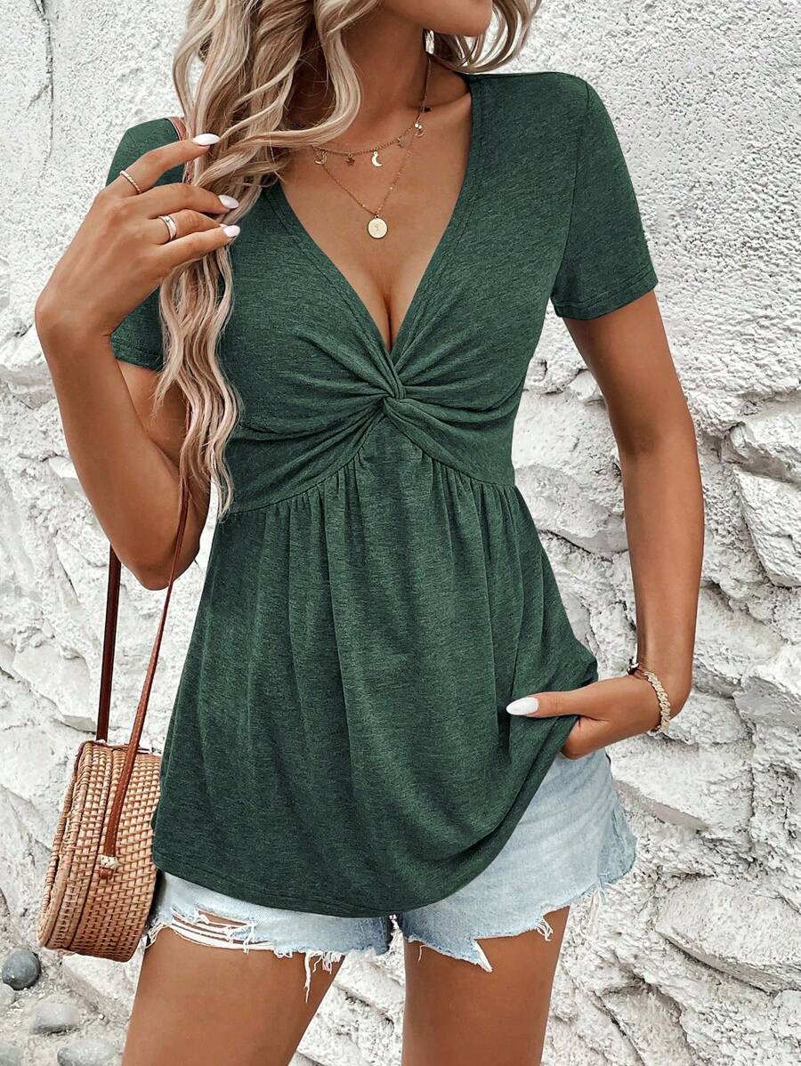 Breezaya 女士正面扭纹荷叶边短袖 V 领 T 恤