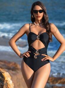 SHEIN Swim Damski, bardzo elastyczny, czarny, z wycięciem z przodu i dekoracją z muszli, jednoczęściowy kostium kąpielowy, na letnie wakacje