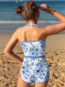 SHEIN 青少年女孩连体泳衣，印花度假连体泳衣泳装，可爱运动连体泳衣 - 藍色 - 查看 7