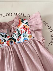 SHEIN Leap Crew Baby Girl Cute Floral Print Ruffle Trim Sleeveless Top, Summer - Pink - View 4