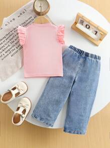2 Pcs Baby/Baby Girl Sleeveless Bow Print Top And Long Pants Set, Summer Fashion - Pink - View 2