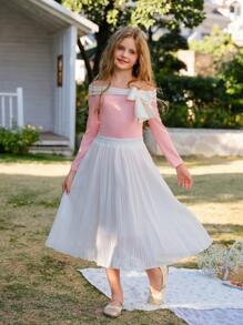 SHEIN Jupe longue plissée en mousseline pour préadolescentes, jupe blanche élégante et luxueuse pour fille, vêtements de princesse convenant à la saison des mariages, design mignon avec décorations florales/partielles, sans motifs traditionnels - Blanc - Voir 6