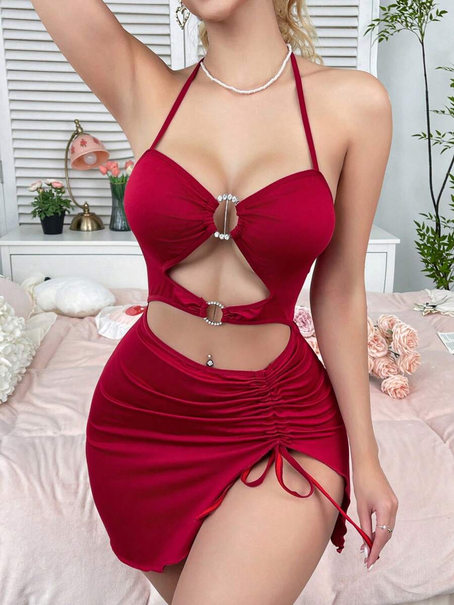 Camisón sexy de mujer con espalda abierta, cordón y diseño calado en un solo color - Burdeos - Ver 1