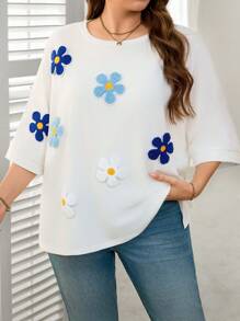 SHEIN LUNE Plus-Size Women's Festival Boho Summer Flower Print Casual Loose Home Outing Simple Basic Short-Sleeved T-Shirt - White - View 3