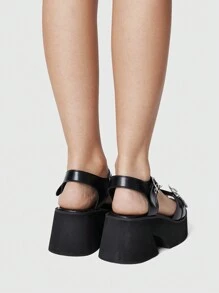 ROMWE Grunge Punk 女士朋克风格圆头厚底 PU 皮革多带坡跟凉鞋，适合毕业照、专业场合 - 黑色 - 查看 5