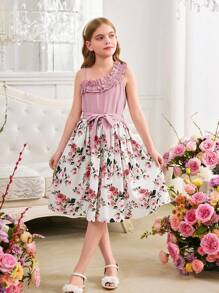 SHEIN Tween Girls Casual Ruffled Multi-Layer Oblique Shoulder Cropped Top And Floral Print A-Line Skirt 2 Pieces Set, Sweet Princess Style, Suitable For Spring Outing, Flower Girl Dress - Pink - View 10