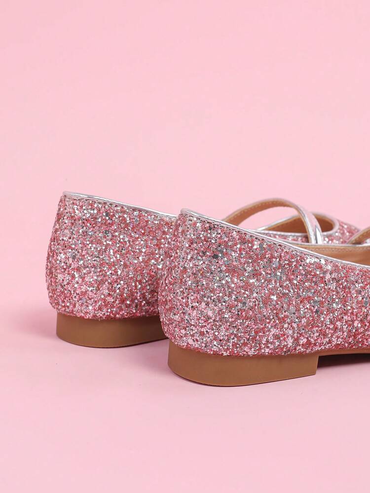 CUCCOO DOLLMOD Women's Faux Pearl Button Sparkling Colorblock Square Toe Flat Sweet Cute Shiny Unique Pink Glitter Patchwork Silver PU Leather Mary Jane Ballet Flats, Suitable For School, Dance, Party Valentine's Day