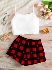 SHEIN 3 件套年轻女孩心形格子和熊图案休闲背心和短裤睡衣，适合所有季节，情人节主题母子搭配服装（单独出售） - 彩色 - 查看 2