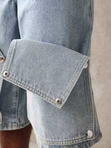 SUMWON Carpenter 牛仔短裤优质工装纽扣按扣覆盖设计宽腿宽松夏季滑板街头服饰节日时尚牛仔短裤