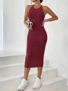 SHEIN Essnce 女式纯色无袖简约罗纹修身休闲连衣裙 - 酒紅色 - 查看 6