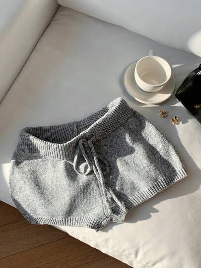 Comfortcana Women Casual High Waist Elastic Waist Solid Color Knit Shorts, Autumn/Winter