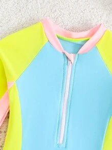 Traje de baño de una pieza de manga larga, ajustado, con cremallera frontal y unicolor para bebé niña - Multicolor - Ver 3