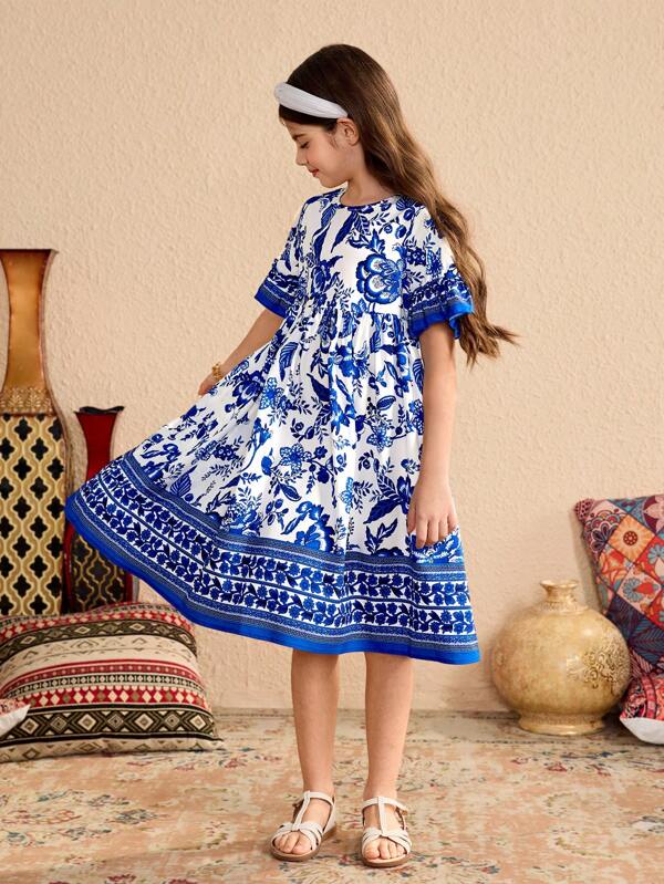 Tween Girl, albastru, model floral, imprimeu retro, rochie Ramadan Ramadan Eid Abaya, cu design proaspăt și plin de viață