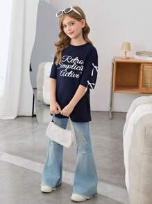 SHEIN Lockeres, lässiges T-Shirt mit Schleife und Rundhalsausschnitt für Tween-Mädchen - marineblau - Übersicht 5