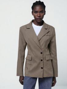 Aveloria Modichic 极简主义设计优雅办公/休闲垫肩，不对称下摆，前口袋，经典英式格子女士西装外套（棕色） - 彩色 - 查看 5