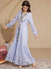 SHEIN 1pc Teen Girls V-Neck Loose Long Sleeve Geometric Print Dress, For Spring And Summer - Baby Blue - View 5