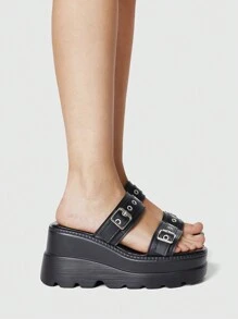 ROMWE Grunge Punk Damskie buty na platformie w stylu Dark Punk Goth, rzymskie sandały plażowe, zdobione nitami sandały, sandały na grubej podeszwie