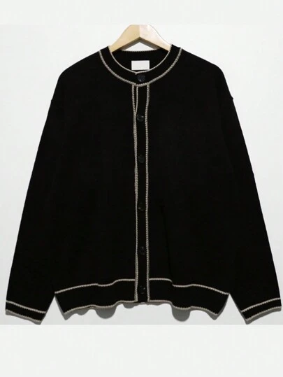 Manfinity Dauomo เสื้อคาร์ดิแกนลำลองแขนยาวกระดุมด้านหน้าสำหรับผู้ชาย แต่งขอบตัดสี ใส่ได้ทุกวัน สำหรับฤดูใบไม้ร่วง/ฤดูหนาว