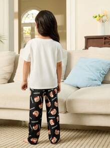 SHEIN Leap Crew 2pcs Set Cute Minimalist Bear & Letter Print Short Sleeve T-Shirt & Soft Comfortable Lounge Pajama Pants, Casual Home Sleepwear For Young Girls (2 Sets Sold Separately) - Black and White - View 3