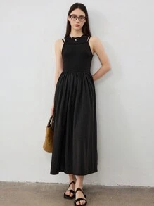 Dazy-Less Women's Sleeveless Layered Splice Midi Dress, Business Casual Slim Fit A-Line Tank Dress Old Money Style - Black - View 8