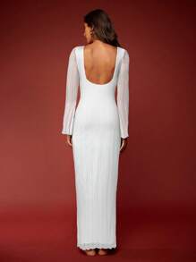 Opulessa 1 件露背喇叭袖圆领性感长袖连衣裙，适合派对 - 白色 - 查看 2