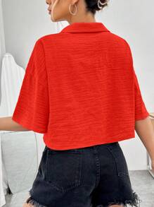 SHEIN EZwear Summer Drop Shoulder Pocket Patched Shirt Without Cami Top - Red - View 2